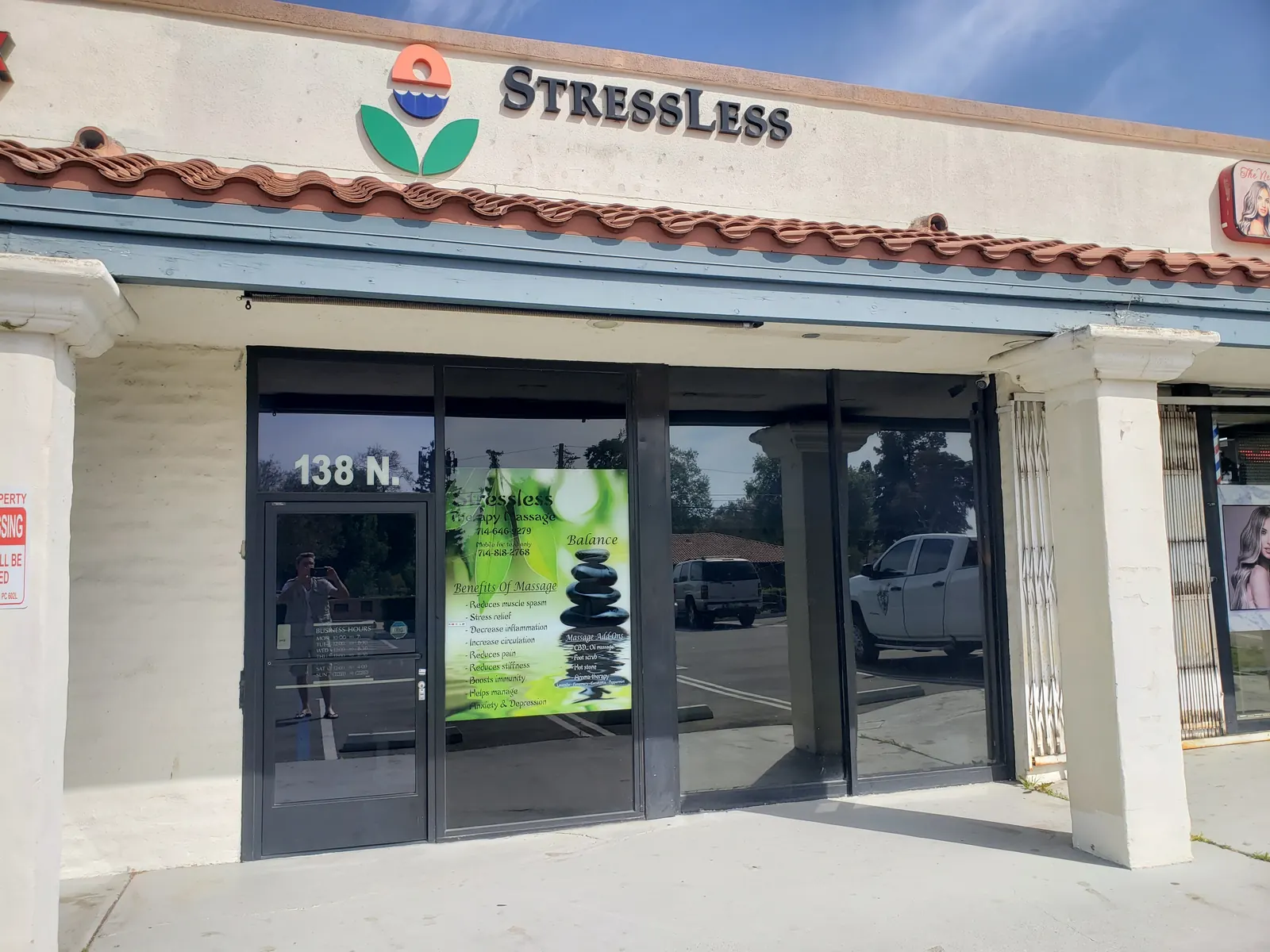 StressLess Massage Therapy storefront in Placentia